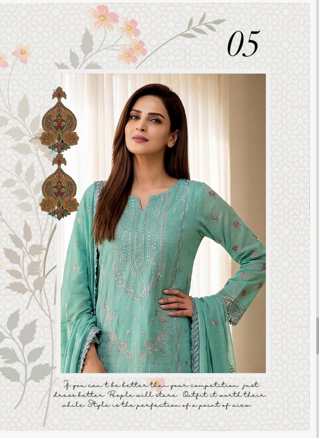 UNSTITCHED LAWN SLUB EMBROIDERED SHIRT WITH EMBROIDERED DAMAN SLUB PURE EMBROIDERED 4 SIDE LACE COMFORT DYED TROUSER SK VOl:5