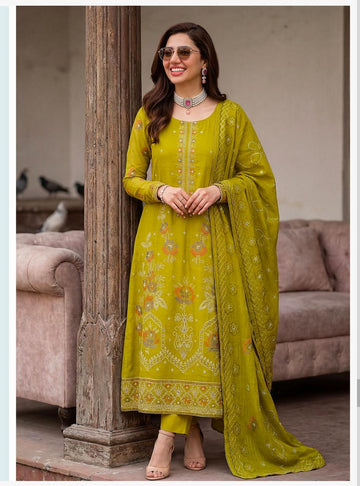 Unstitched 3 Piece Lawn Slub Embroidered Shirt & Full Embroidered Daman Lace Fancy Dobi Embroidered Dupata Dyed Trouser