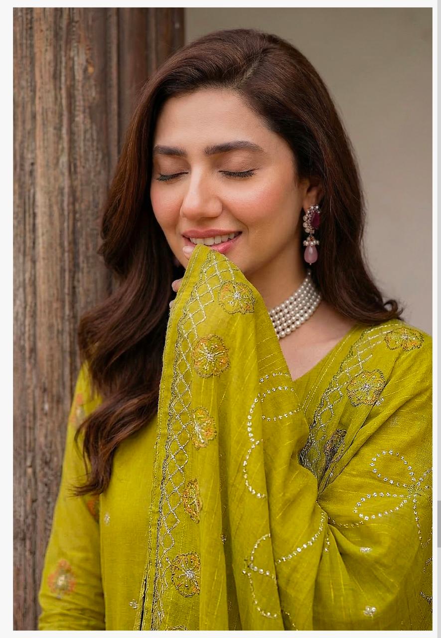 Unstitched 3 Piece Lawn Slub Embroidered Shirt & Full Embroidered Daman Lace Fancy Dobi Embroidered Dupata Dyed Trouser