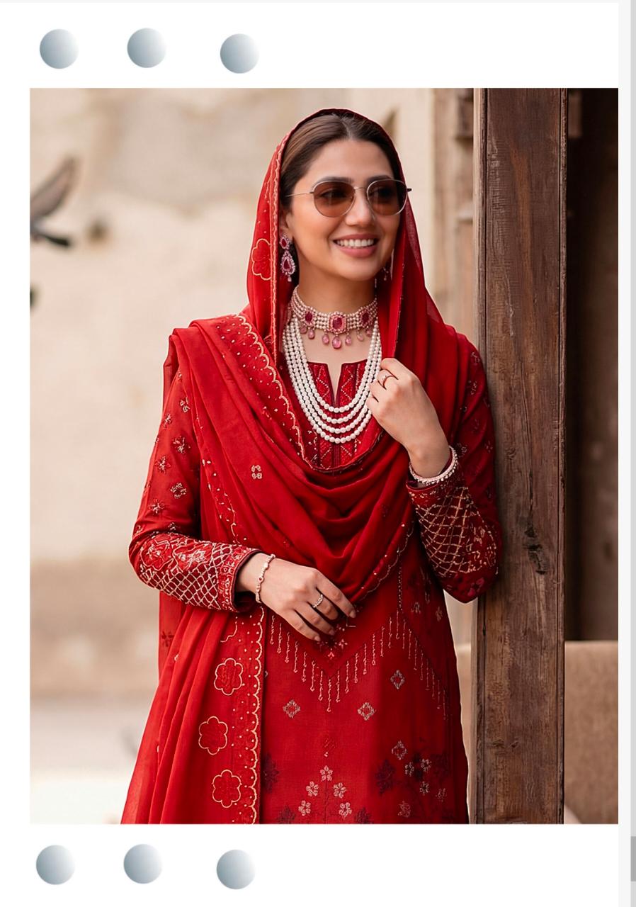 Unstitched 3 Piece Lawn Slub Embroidered Shirt & Full Embroidered Daman Lace Fancy Dobi Embroidered Dupata Dyed Trouser