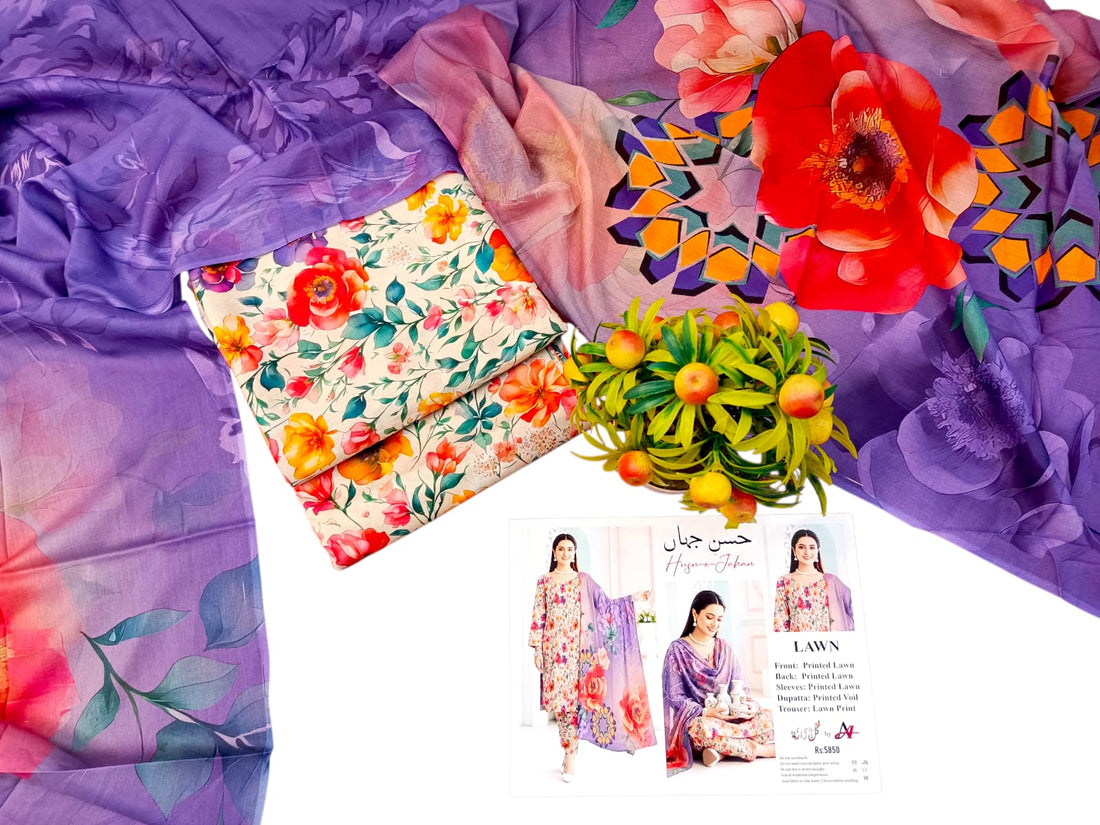 Unstitched 3re Piece Printed Lawn All Over Designs & Printed Voil Dupatta