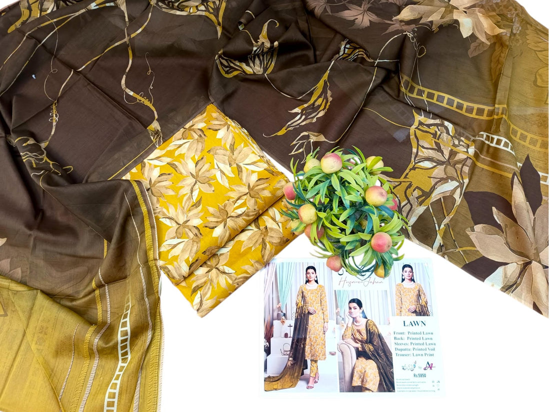 Unstitched 3re Piece Printed Lawn All Over Designs & Printed Voil Dupatta