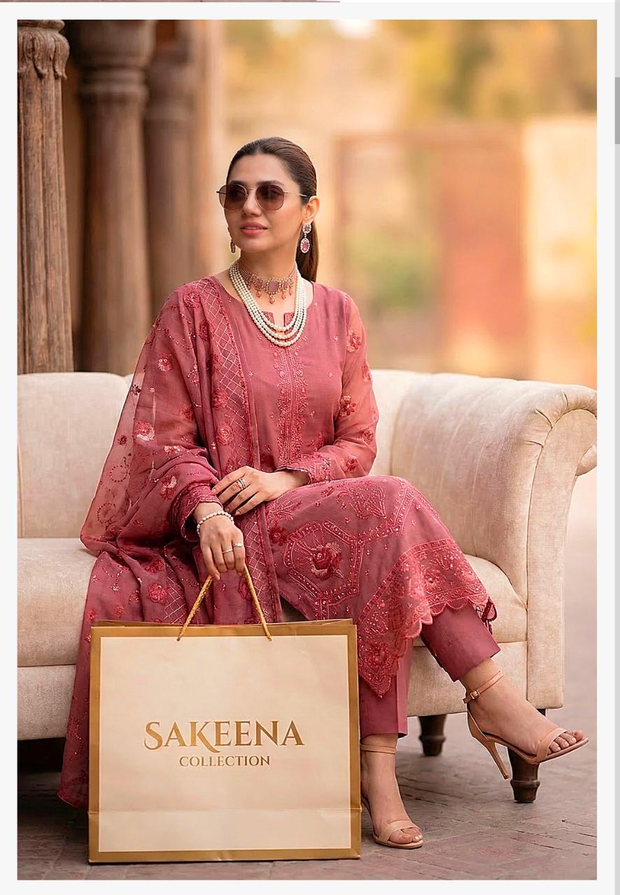 Unstitched 3 Piece Lawn Slub Embroidered Shirt & Full Embroidered Daman Lace Fancy Dobi Embroidered Dupata Dyed Trouser