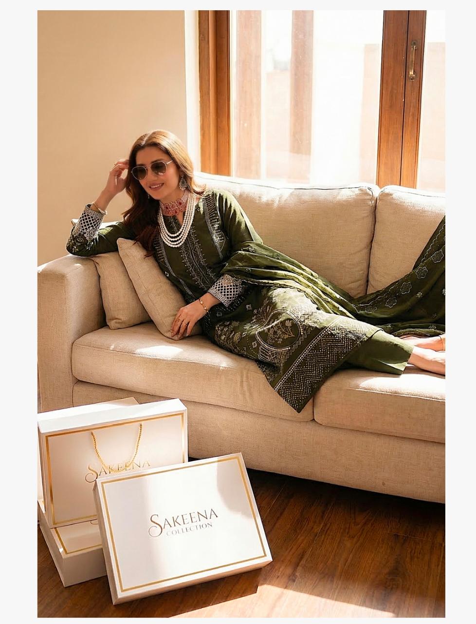 Unstitched 3 Piece Lawn Slub Embroidered Shirt & Full Embroidered Daman Lace Fancy Dobi Embroidered Dupata Dyed Trouser