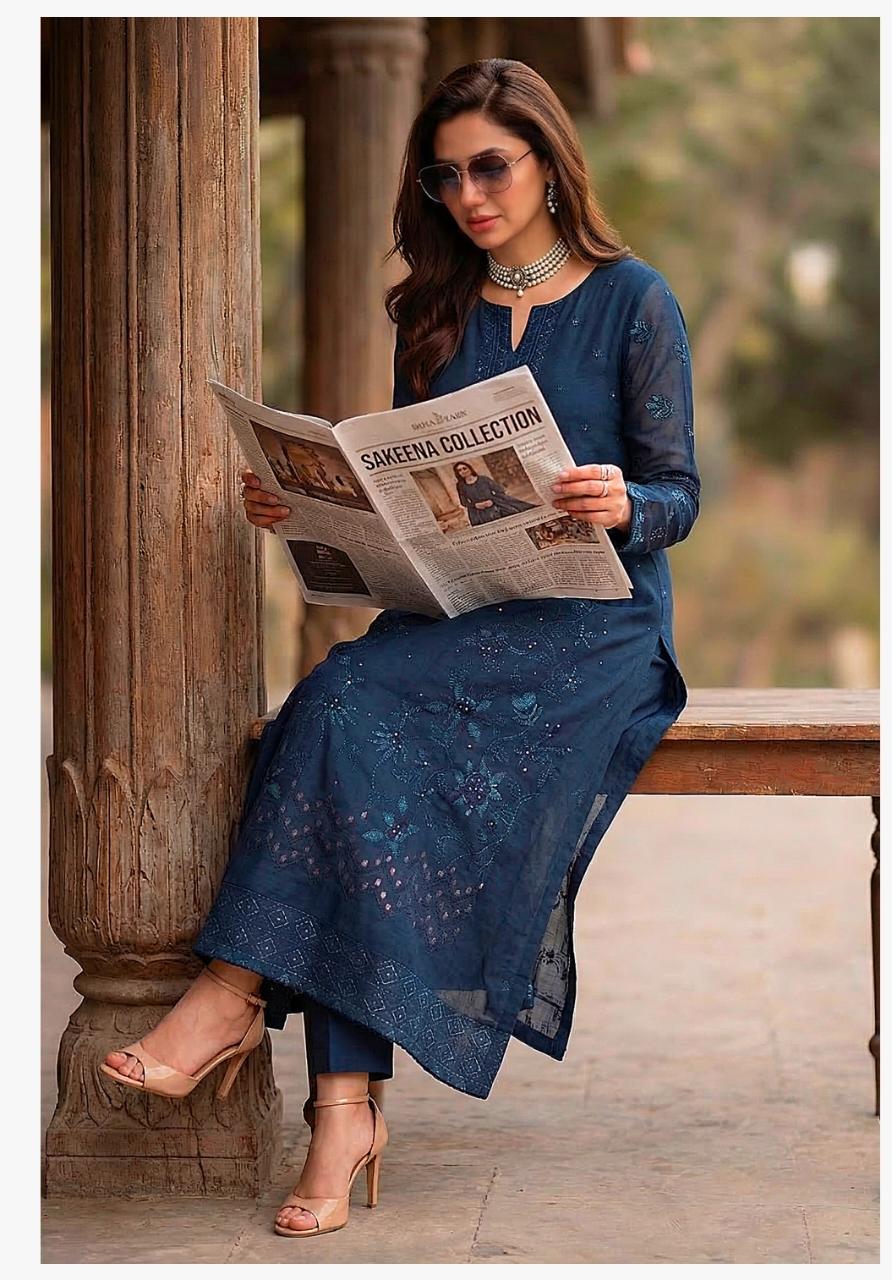 Unstitched 3 Piece Lawn Slub Embroidered Shirt & Full Embroidered Daman Lace Fancy Dobi Embroidered Dupata Dyed Trouser