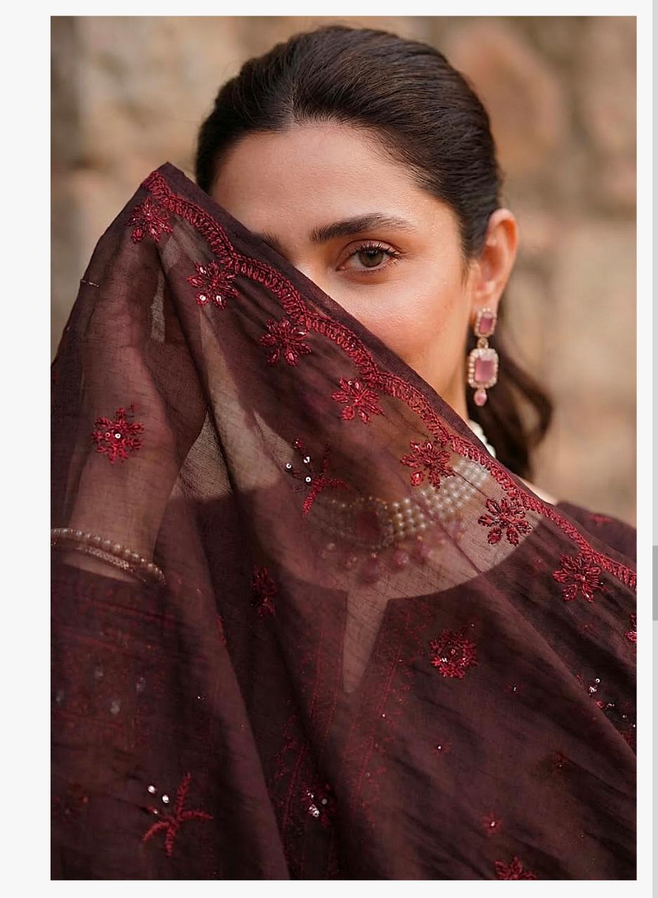 Unstitched 3 Piece Lawn Slub Embroidered Shirt & Full Embroidered Daman Lace Fancy Dobi Embroidered Dupata Dyed Trouser