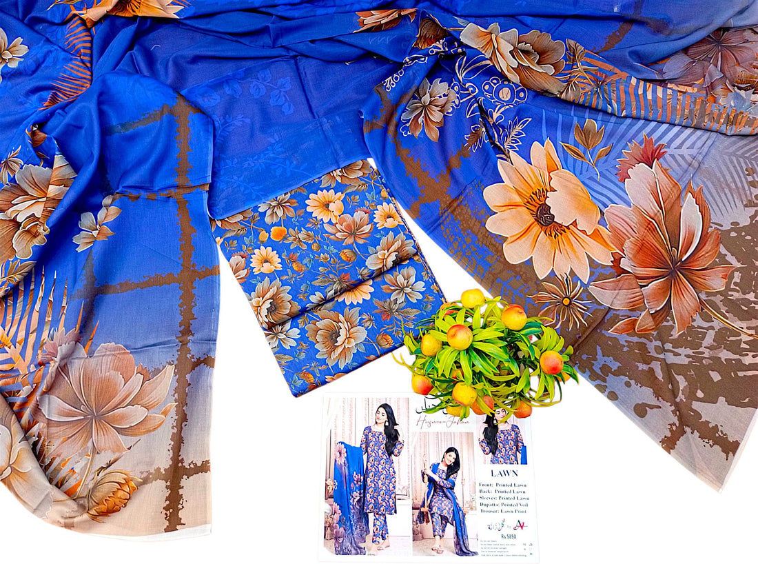 Unstitched 3re Piece Printed Lawn All Over Designs & Printed Voil Dupatta